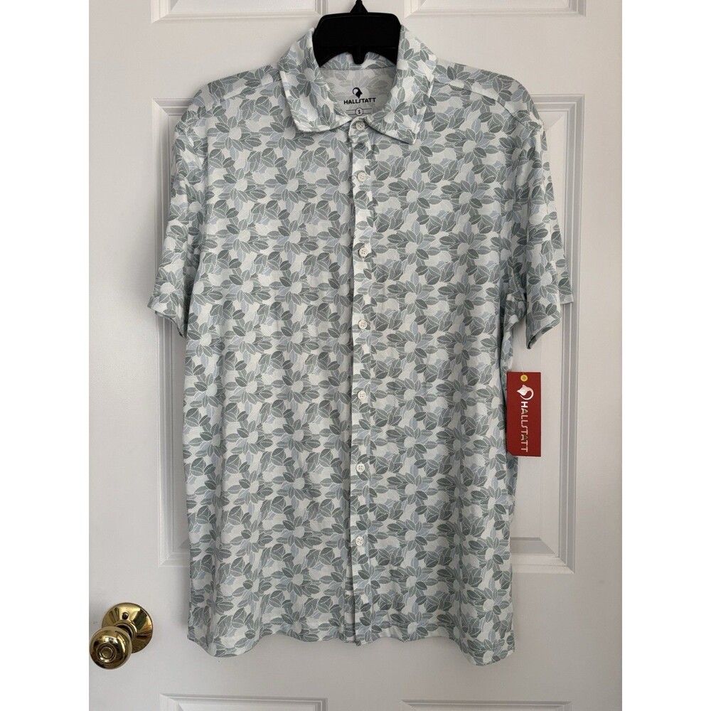 T-SHIRT MEN'S SIZE SMALL LEAVES BUTTON UP SHORT SLEEVE HALLSTATT KNIT TOP